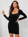 Slim fit black velvet mini dress featuring long sleeves and a low square neckline - S / Black
