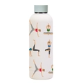 Insulated stainless steel water bottle in white featuring blue lid and yoga illustrations - White Yoga Poses