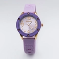 Detail of quartz watch featuring purple silicone strap and gold case with heart indices - Purple Silicone Strap