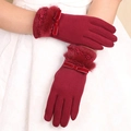 Dark red thermal gloves with plush rabbit fur trim and lace bow for winter riding - Fleece Double Fur - Red