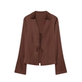 Chocolate brown satin long sleeve blouse with lace-up front and flared cuffs - S / Tan