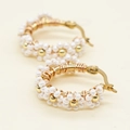 Detailed view of handmade beaded daisy hoop earrings with white petals and gold clasp - White Floral Style (GZ-E220031B)