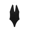 Sexy black V-neck bodysuit with silver metal ring halter and ruched waist detail - S / Black