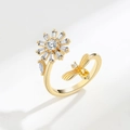 Adjustable golden rotating ring featuring a crystal daisy flower and a yellow gem bee - Adjustable Open / Gold Sunflower Bee (NJ1050)