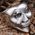 Punk style stainless steel Guy Fawkes mask ring for men with polished silver finish - US 8 / Polished Silver