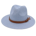Classic straw Fedora hat in hazy blue with a brown leather decorative belt and metal buckle - Sky Blue