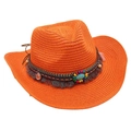 Detailed view of an orange woven straw cowboy hat with a decorative ethnic style bead band. - Orange