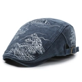 Béret vintage en jean bleu marine délavé avec broderie dragon blanc et boucle bronze - Réglable / Bleu