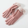 Pink knitted women's winter gloves with beige fleece cuffs and decorative buttons - 170 Pink