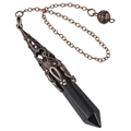 Natural obsidian hexagonal crystal pendant necklace with bronze bohemian metal filigree - Standard Chain Style / Obsidian