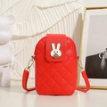 Red quilted crossbody phone bag with cute white rabbit metal clasp and leather strap - Red
