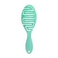 Detail of light green vented hairbrush with flexible bristles and handle hole - Blue