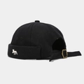 Detail of fox embroidery on black canvas docker hat with adjustable brass buckle - Adjustable / Black