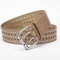 Khaki leather punk belt featuring star cutouts and silver studs with double pin buckle - 107cm / Khaki