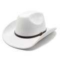 Detail of white wool felt cowboy hat with brown leather strap and gold metal buckle - M (56-58cm) / White