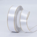 Roll of white satin ribbon with gold stitched edges for gift wrapping and DIY crafts - One Roll 22 Meters Long / White