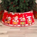 Red Christmas tree skirt with festive train pattern on wooden floor with red berries - Christmas Train Print / Small 40x60x20cm