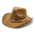 Cappello da cowboy marrone in finta pelle scamosciata con fascia etnica intrecciata colorata - M (56-59cm) / Cachi Pelle Scamosciata