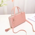 Sac bandoulière rose en cuir PU à double fermeture éclair avec pompon décoratif - Double Couche / Rose