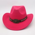 Close-up of fuchsia wool cowboy hat featuring a bronze bull head buckle and braided band - One Size / Rose Red