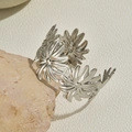 Adjustable silver finish stainless steel open cuff bracelet with layered daisy flower design - Silver Daisy Open