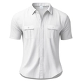 White linen short sleeve shirt for men featuring a button-down collar and dual chest pockets - S / White