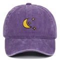 Close-up of moon and stars embroidery on a purple washed cotton baseball cap - Adjustable / Purple