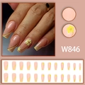 Long ballet press-on nails with yellow French tips, golden lines and flower art - Yellow Flower Slanted French Style (W846 With Glue)