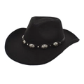 Black wool felt western cowboy hat with silver metal studs band on a white background - M / Black