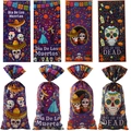 Dia De Los Muertos purple OPP treat bags with colorful skull designs for Halloween candy - 4 Patterns Mixed / 50 Pieces