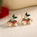 Christmas stud earrings featuring dual bells with red and green crystals and pearls - Red Green Stone Double Bell (EAR0026)