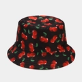 Black bucket hat with cherry print and reinforced stitching for summer sun protection - M (56-58cm) / Many Small Cherries Black