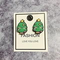 Cartoon Christmas tree wooden stud earrings in green and pink on a fashion display card - Christmas Tree