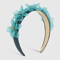 Serre-tête élégant sarcelle avec fleurs en résine mate et détails dorés sur tissu - Vert