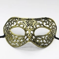 Masque de bal rétro jazz demi-visage noir et or avec motifs découpés et rubans - Tête Plate Ajourée Or