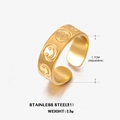 Adjustable golden stainless steel ring featuring embossed smiley faces and open band design - Gold
