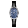 Elegant oval quartz watch with blue mother-of-pearl dial and black leather strap - Silver Case Blue Dial Black Strap
