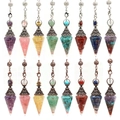 Detailed collection of conical crystal pendants with copper and silver metal caps - Rose Quartz