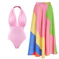 Costume da bagno rosa a sbalzo con scollo a V e set gonna lunga colorata - S / Con Gonna Lunga / Set Intero Allacciato al Collo