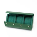 Detailed view of green leather watch roll with soft suede lining for three timepieces - 3 Slots Green
