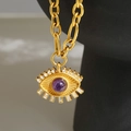 Vintage 18k vergoldete Evil Eye Halskette mit lila Edelstein und Kristallen für Damen - Gold