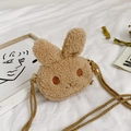 Cute brown plush bunny head crossbody bag for girls with woven strap and stylish design - Khaki