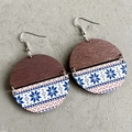 Bohemian round earrings with blue snowflake pattern and wood texture on stone background - Blue Red Snowflake Print