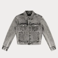 Vista piatta della giacca in denim grigio lavato con tasche sul petto e bottoni metallici - XS / Grigio Polvere