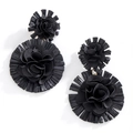 Exaggerated black raffia flower earrings in a double-layer bohemian drop design - Black Double-Layer 3D Floral Large Earrings