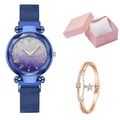 Elegant starry sky quartz watch with rose gold star bracelet and pink jewelry gift set - Watch+Bracelet+Box / Blue