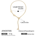 Disegno tecnico di una collana a Y in acciaio dorato 18K con specifiche di misura e peso - Stile con Chiusura a T a Y (JDN0307006)