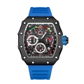 Pin Time men's tonneau quartz watch with blue rubber strap and skeleton dial - Gift Box / Blue