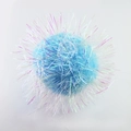 Detailed view of a blue 6cm crinkle ball cat toy with shiny rainbow tinsel strands - Light Blue + Iridescent