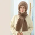 Winter brown knitted hooded scarf with fleece lining and buckle for outdoor cold protection - Pineapple Texture / Khaki